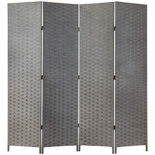 MyGift 4-Panel Room Divider - Vintage Gray Woven Seagrass Folding Private Panel Screens - Partition Wall Dividers, Room Separator, Temporary Wall Screen, 69 x 70-Inch