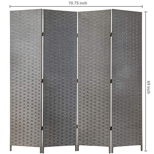 MyGift 4-Panel Room Divider - Vintage Gray Woven Seagrass Folding Private Panel Screens - Partition Wall Dividers, Room Separator, Temporary Wall Screen, 69 x 70-Inch