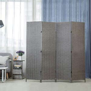 MyGift 4-Panel Room Divider - Vintage Gray Woven Seagrass Folding Private Panel Screens - Partition Wall Dividers, Room Separator, Temporary Wall Screen, 69 x 70-Inch