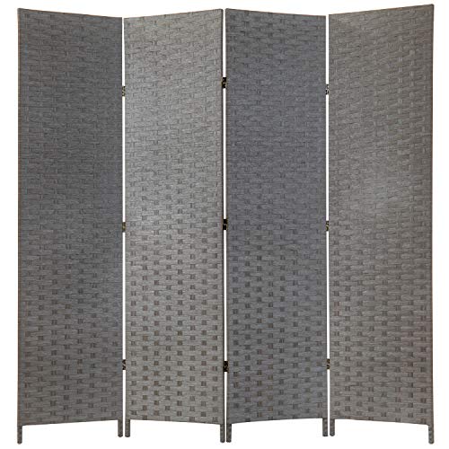 MyGift 4-Panel Room Divider - Vintage Gray Woven Seagrass Folding Private Panel Screens - Partition Wall Dividers, Room Separator, Temporary Wall Screen, 69 x 70-Inch