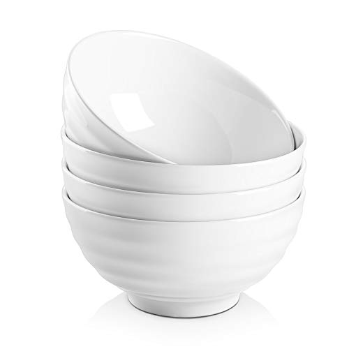 DOWAN Porcelain Soup Bowls, 26 Ounces Cereal Bowl with Non Slip Ripples, Ceramic White Bowls for Oatmeal, Bowls Set 4 for Kitchen, Dishwasher & Microwave Safe