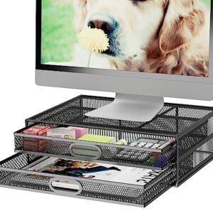 Monitor Stand Riser with Drawer - Metal Mesh Desk Organizer with Dual Pull Out Storage Drawer,Office Supply for Computer, PC, Laptop, Printer, Notebook, iMac (Black)