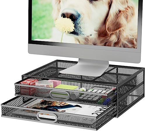 Monitor Stand Riser with Drawer - Metal Mesh Desk Organizer with Dual Pull Out Storage Drawer,Office Supply for Computer, PC, Laptop, Printer, Notebook, iMac (Black)