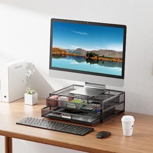 Monitor Stand Riser with Drawer - Metal Mesh Desk Organizer with Dual Pull Out Storage Drawer,Office Supply for Computer, PC, Laptop, Printer, Notebook, iMac (Black)