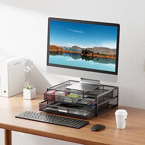 Monitor Stand Riser with Drawer - Metal Mesh Desk Organizer with Dual Pull Out Storage Drawer,Office Supply for Computer, PC, Laptop, Printer, Notebook, iMac (Black)