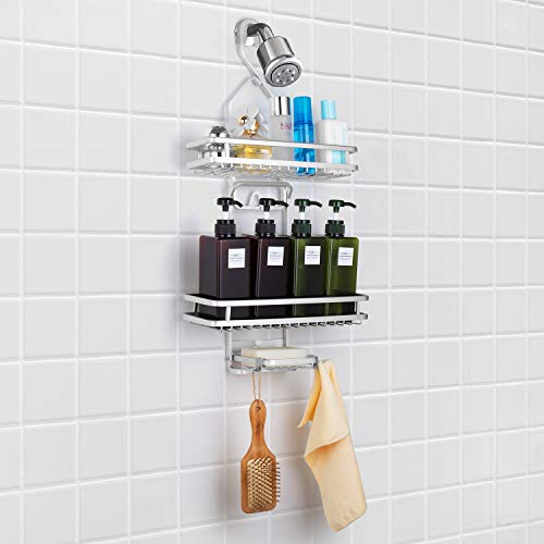 Auledio 3-Tier Shower Caddy, Adjustable Bathroom Hanging Shower Organizer Storage with Sorters Basket and Hooks , Fits Shampoo, Conditioner, Towels , Soap and More