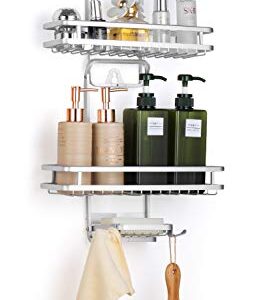 Auledio 3-Tier Shower Caddy, Adjustable Bathroom Hanging Shower Organizer Storage with Sorters Basket and Hooks , Fits Shampoo, Conditioner, Towels , Soap and More