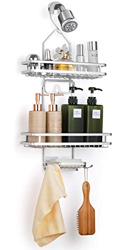 Auledio 3-Tier Shower Caddy, Adjustable Bathroom Hanging Shower Organizer Storage with Sorters Basket and Hooks , Fits Shampoo, Conditioner, Towels , Soap and More