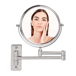 ovente 7" wall mount makeup mirror, 1x & 10x magnifier, adjustable spinning double sided round reflection, extend, retractable & folding arm, bathroom & vanity décor, nickel brushed mnlfw70br1x10x