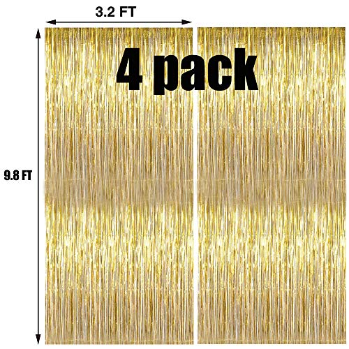 YESON Gold Foil Fringe Curtains Metallic Tinsel Shimmer Curtain Party Backdrop Decorations,Pack of 4