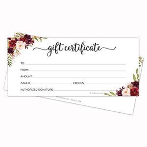 321done floral blank gift certificates (set of 24 and envelopes) 4x9 for small business, holiday, christmas voucher, spa, salon - rustic red roses white - made in usa