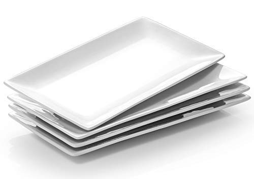 DOWAN 12" Rectangle Plates Set of 4 - White Serving Platters for Party, Wedding, and Entertaining - Rectangular Serving Trays Dishes for Steak, Taco, Sushi, Appetizer, Cake - Dishwasher & Oven Safe