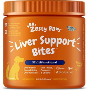 zesty paws liver & kidney support supplement for dogs - with milk thistle extract, turmeric curcumin, cranberry & choline - natural & grain free soft chew formula - for dog liver function & detox