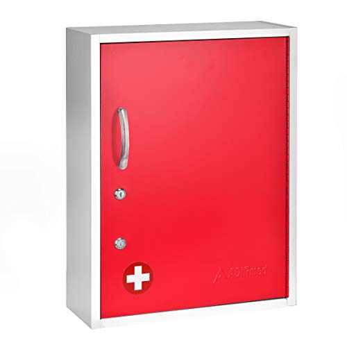 AdirMed Medicine Cabinet with Pull-Out Shelf & Document Pocket - Large Dual Lock Wall Mounted Steel Medical Organizer - Secure Storage for Medicine First Aid and Emergency Kit (Red)