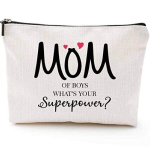 blue leaves mom of boys what's your superpower - boy mom gifts for women - funny mom birthday, mothers day, thanksgiving, christmas gifts for boymom, mother of boys - makeup bag storage bags