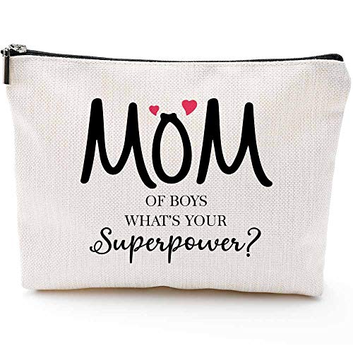 Blue Leaves Mom of Boys What's Your Superpower - Boy Mom Gifts for Women - Funny Mom Birthday, Mothers Day, Thanksgiving, Christmas Gifts for Boymom, Mother of Boys - Makeup Bag Storage bags