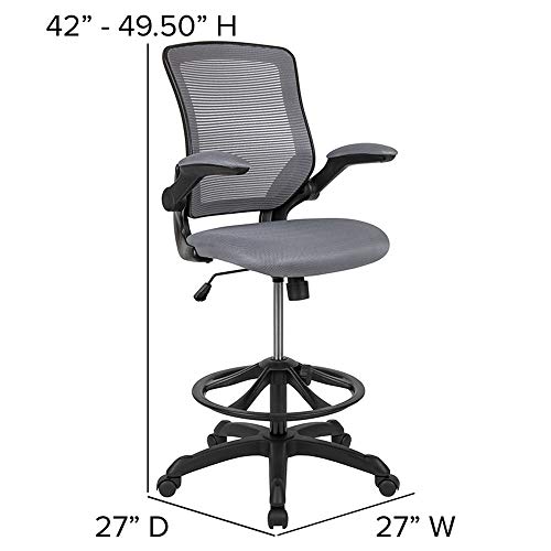 Flash Furniture Kale Mid-Back Dark Gray Mesh Ergonomic Drafting Chair with Adjustable Foot Ring and Flip-Up Arms