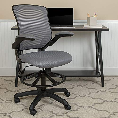 Flash Furniture Kale Mid-Back Dark Gray Mesh Ergonomic Drafting Chair with Adjustable Foot Ring and Flip-Up Arms