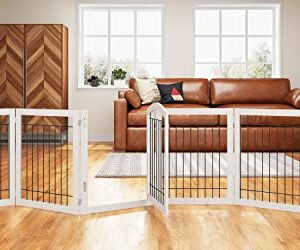 PAWLAND 144-inch Extra Wide 30-inches Tall Dog gate with Door Walk Through, Freestanding Wire Pet Gate for The House, Doorway, Stairs, Pet Puppy Safety Fence, Support Feet Included, White,6 Panels