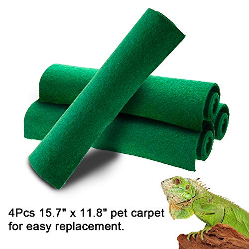 Reptile Carpet 4pcs Terrarium Substrate Liner Pet Habitat Bedding Soft Green Mat for Bearded Dragon Lizards Gecko Chamelon Iguana Turtles Snakes (19.7" x 11.8")