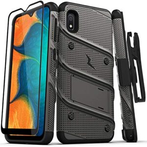 zizo bolt series for samsung galaxy a10e case | heavy-duty military-grade drop protection w/ kickstand included belt clip holster tempered glass lanyard (metal gray/black)