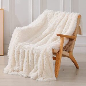 Decorative Extra Soft Faux Fur Blanket Twin Size 70" x 78",Solid Reversible Fuzzy Lightweight Long Hair Shaggy Blanket,Fluffy Cozy Plush Fleece Comfy Microfiber Blanket for Couch Sofa Bed,Cream White