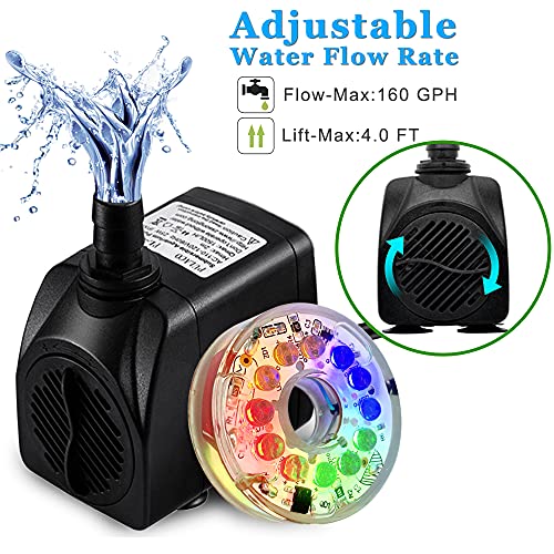 PULACO 10Watt 160GPH Submersible Fountain Pump wiht LED Light for Water Feature, Outdoor Pond, Aquarium fish tanks, Home Décor Fountain