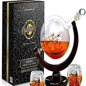 NutriChef Glass Whiskey Decanter - 850ml Globe Whiskey Carafe Alcohol Decanter Set with Glasses , Liquor Decanter w/ Stopper & Base, For Brandy Wine Cognac Rum Gin Scotch Bourbon