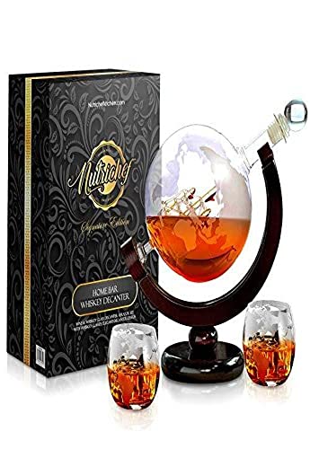 NutriChef Glass Whiskey Decanter - 850ml Globe Whiskey Carafe Alcohol Decanter Set with Glasses , Liquor Decanter w/ Stopper & Base, For Brandy Wine Cognac Rum Gin Scotch Bourbon