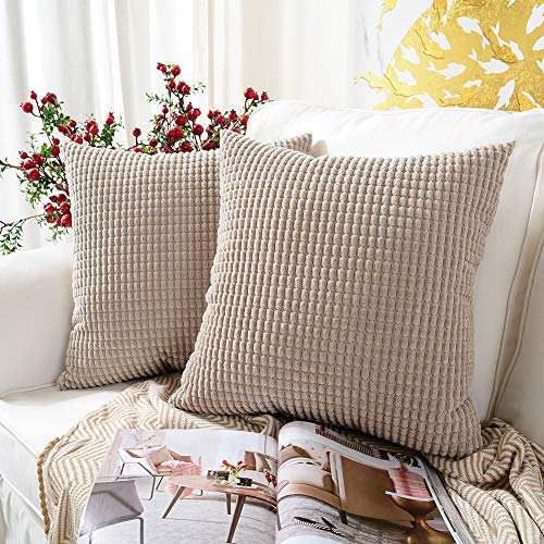 MERNETTE Pack of 2, Corduroy Soft Decorative Square Throw Pillow Cover Cushion Covers Pillowcase, Home Decor Decorations for Sofa Couch Bed Chair 18x18 Inch/45x45 cm (Granules Earth)