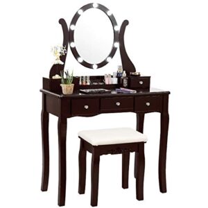 charmaid vanity table set with lighted mirror, makeup dressing table with 10 led lights, touch switch, 5 drawers, removable organizer, 10 dimmable lights makeup table and cushioned stool set (coffee)