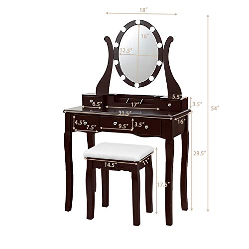 CHARMAID Vanity Table Set with Lighted Mirror, Makeup Dressing Table with 10 LED Lights, Touch Switch, 5 Drawers, Removable Organizer, 10 Dimmable Lights Makeup Table and Cushioned Stool Set (Coffee)