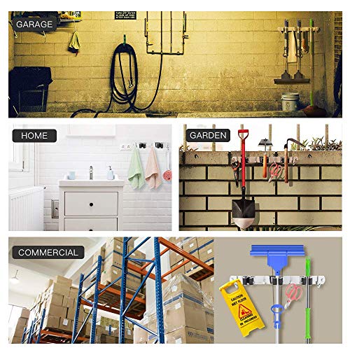 Broom Mop Holder Wall Mount Stainless Steel Rack Tools Organizer Hanger with 3 Slots 4 Hooks for Kitchen Garage Garden Bathroom Shelving System