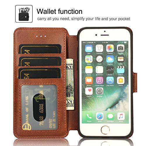 QLTYPRI Case for iPhone SE 2022 5G/iPhone SE 2020/iPhone 8/iPhone 7, Premium PU Leather Simple Wallet Case with Card Slots Kickstand Magnetic Closure Shockproof Flip Cover for iPhone 7/8/SE2/SE3-Brown