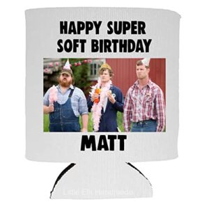 personalized have a happy super soft birthday *custom name text*- foldable collapsible can cooler beverage insulator white for 12 oz cans