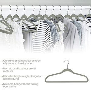 Elama 100 Piece Set of Velvet Slim Profile Heavy Duty Felt Hangers with Stainless Steel Swivel Hooks in Gray