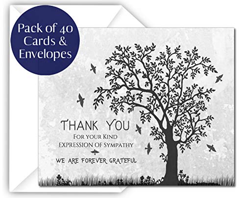 Funeral thank you cards with envelopes Celebration of life Floral Tree acknowledgment memorial Sympathy Christian Thank you notes (40 Pack)