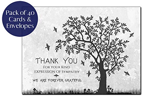 Funeral thank you cards with envelopes Celebration of life Floral Tree acknowledgment memorial Sympathy Christian Thank you notes (40 Pack)