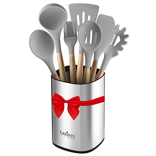 Stainless Steel Kitchen Utensil Holder, Kitchen Caddy, Large Utensil Organizer, Modern Rectangular Design, 6.1” by 5” Utensils Crock (utensils not included)
