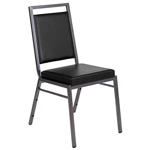 Flash Furniture 2 Pack HERCULES Series Square Back Stacking Banquet Chair in Black Vinyl with Silvervein Frame