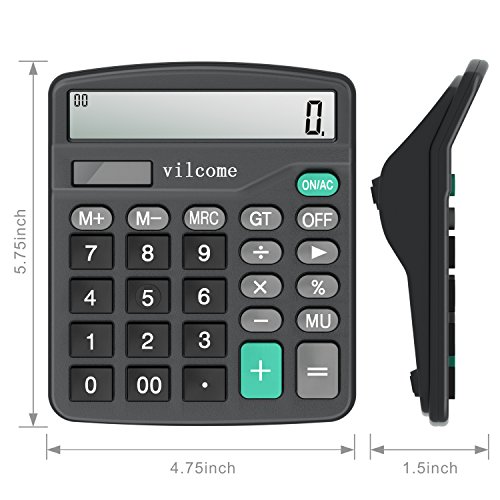 Calculator,Vilcome 12-Digit Solar Battery Office Calculator with Large LCD Display Big Sensitive Button, Dual Power Desktop Calculators (Black)