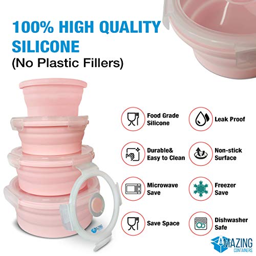 Silicone Collapsible Food Storage Container with Airtight Lid and Air Vent-4 Pack Foldable Meal Prep Round Lunch Box for Kitchen,Stackable & space saving,Microwave,Dishwasher and Freezer Safe (Pink)