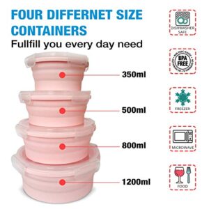 Silicone Collapsible Food Storage Container with Airtight Lid and Air Vent-4 Pack Foldable Meal Prep Round Lunch Box for Kitchen,Stackable & space saving,Microwave,Dishwasher and Freezer Safe (Pink)