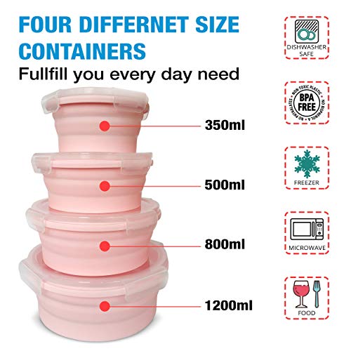 Silicone Collapsible Food Storage Container with Airtight Lid and Air Vent-4 Pack Foldable Meal Prep Round Lunch Box for Kitchen,Stackable & space saving,Microwave,Dishwasher and Freezer Safe (Pink)
