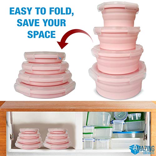 Silicone Collapsible Food Storage Container with Airtight Lid and Air Vent-4 Pack Foldable Meal Prep Round Lunch Box for Kitchen,Stackable & space saving,Microwave,Dishwasher and Freezer Safe (Pink)