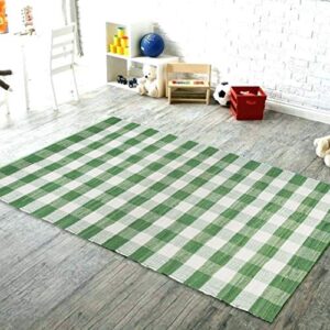 GLAMBURG Cotton Reversible Area Rug 3' x 5' Farmhouse Floor Mat, Handwoven Washable Carpet Checkered Plaid Rug for Front Porch Living Room Kitchen Bedroom - Green White