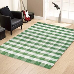 GLAMBURG Cotton Reversible Area Rug 3' x 5' Farmhouse Floor Mat, Handwoven Washable Carpet Checkered Plaid Rug for Front Porch Living Room Kitchen Bedroom - Green White