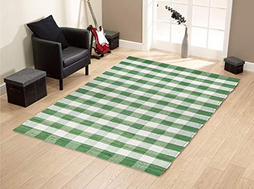 GLAMBURG Cotton Reversible Area Rug 3' x 5' Farmhouse Floor Mat, Handwoven Washable Carpet Checkered Plaid Rug for Front Porch Living Room Kitchen Bedroom - Green White