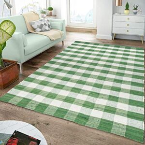 GLAMBURG Cotton Reversible Area Rug 3' x 5' Farmhouse Floor Mat, Handwoven Washable Carpet Checkered Plaid Rug for Front Porch Living Room Kitchen Bedroom - Green White