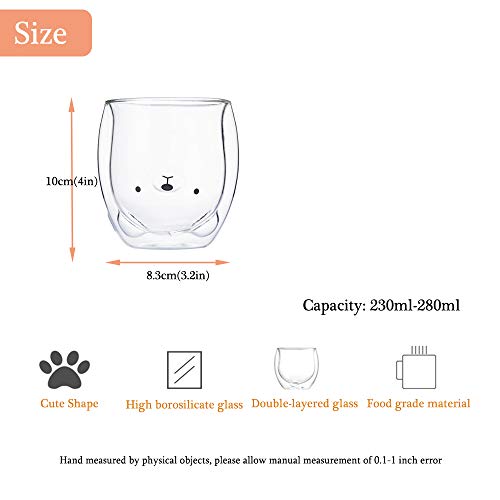 Bear Mug Cute Mugs Glass Double Wall Insulated Glass Espresso Cup, Kawaii Cup, Coffee Cup, Tea Cup, Milk Cup, Best Gift for Women Office and Personal Birthday Christmas (Bear)